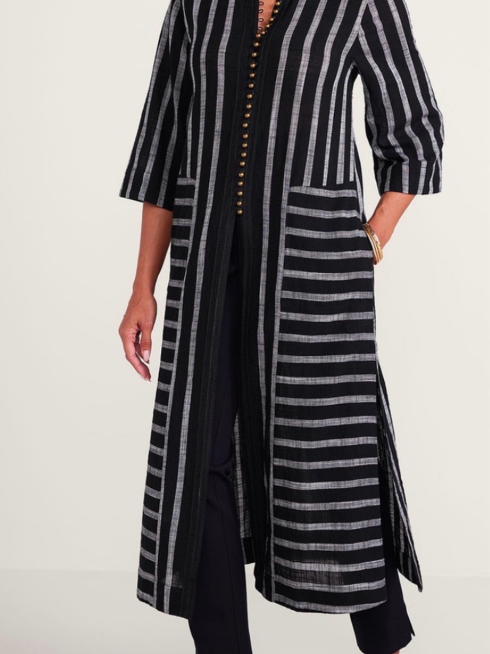 Long Black & Gray Striped Button-Front Kimono Soft Surroundings- size Small EUC
